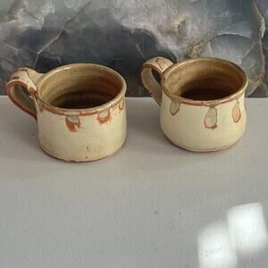 Studio Art Pottery Mugs Set of 2 Handmade Tan & Red Semi-matte